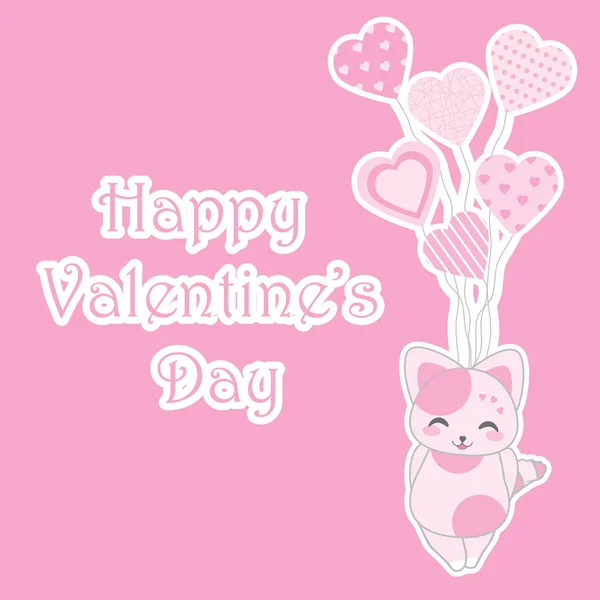 Aftelkalender voor Valentijnsdag illustratie met schattige roze kat brengt liefde ballonnen op roze achtergrond — Stockvector