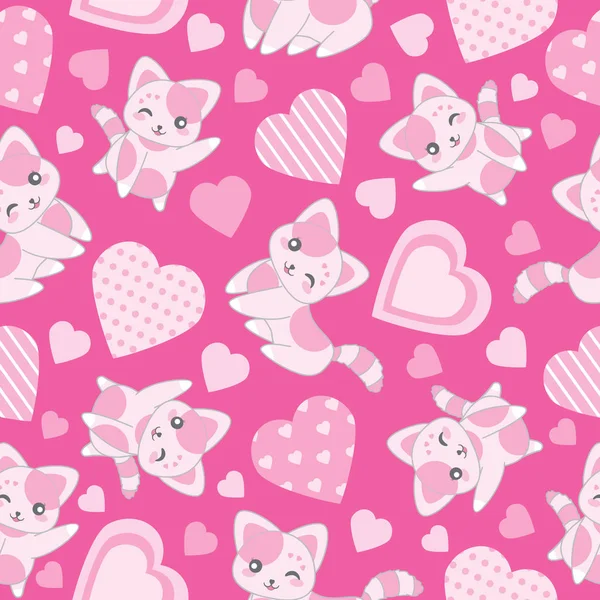 Fundo sem emenda da ilustração do dia dos namorados com gato rosa bonito e forma de amor no fundo rosa — Vetor de Stock