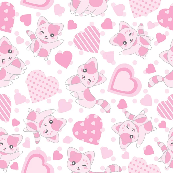 Fundo sem emenda da ilustração do dia dos namorados com gato rosa bonito e forma de amor no fundo de bolinhas — Vetor de Stock