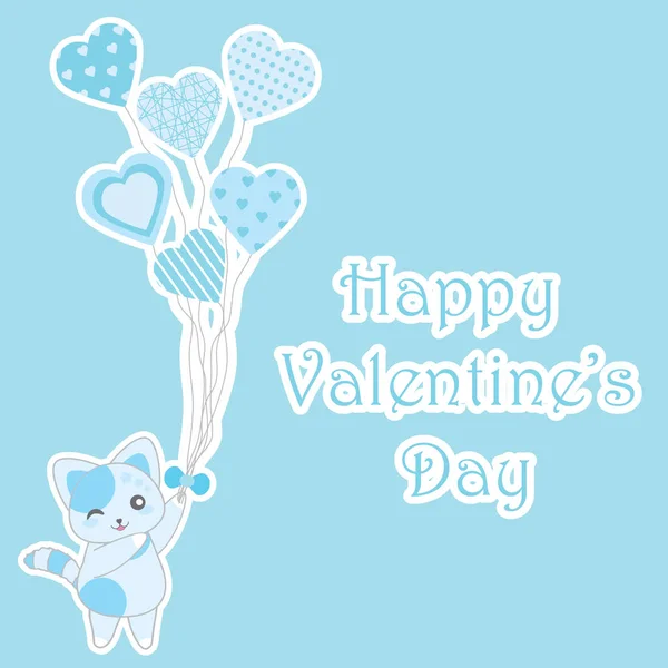Aftelkalender voor Valentijnsdag illustratie met schattige blauwe kat brengt liefde ballonnen op blauwe achtergrond — Stockvector