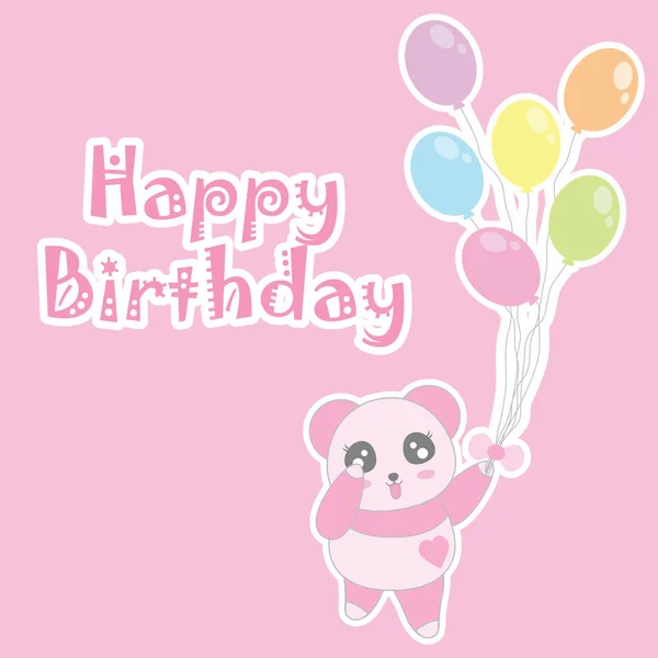 Illustrazione di compleanno con simpatico bambino panda rosa portare palloncini — Vettoriale Stock