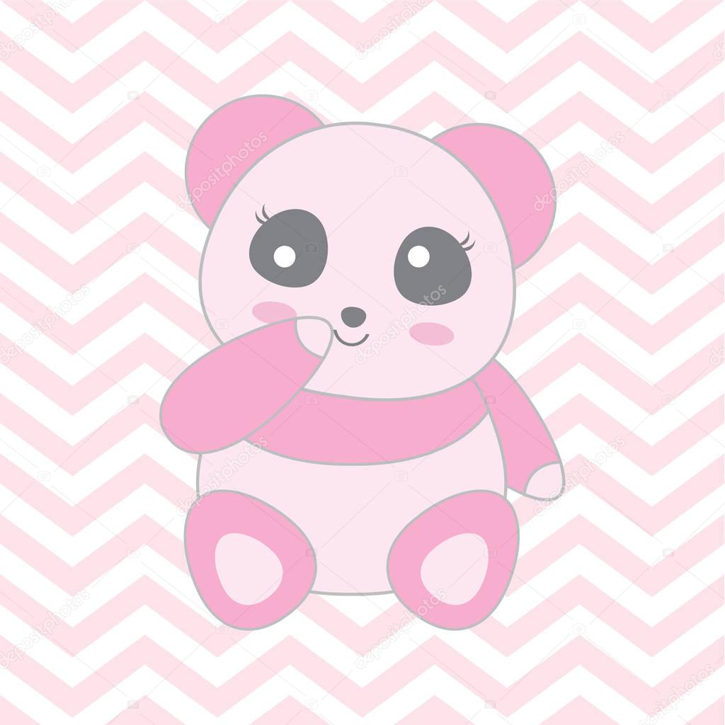 Baby shower illustration with cute baby pink panda on chevron background 