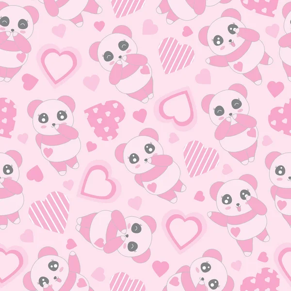 Fondo sin costuras de la ilustración del día de San Valentín con lindo bebé panda rosa y forma de amor sobre fondo rosa — Vector de stock