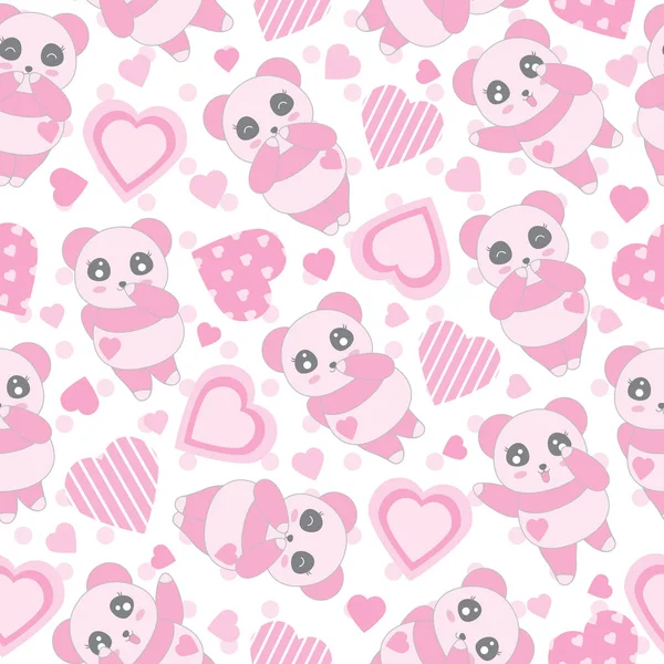 Fundo sem emenda da ilustração do dia dos namorados com bonito bebê panda rosa e forma de amor no fundo de bolinhas — Vetor de Stock