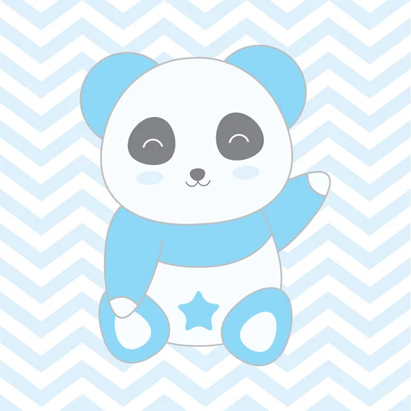 Baby dusch illustration med söta blå panda på blå chevron bakgrund — Stock vektor