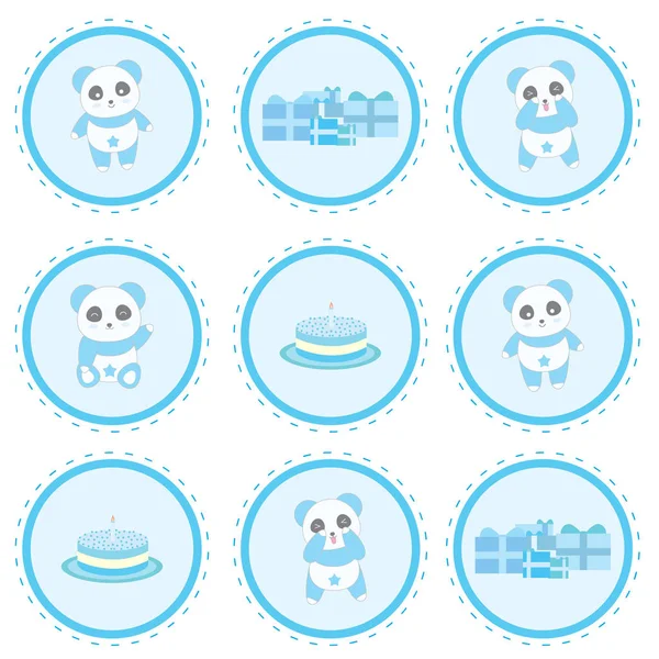 Födelsedag illustration med söt blå panda, gåvor och födelsedag kaka på cirkel ram — Stock vektor