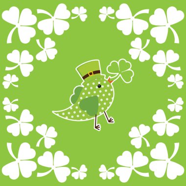 Aziz Patrick günü illüstrasyon yeşil kuş ile shamrock yaprakları yaprakları karesinde getiriyor 