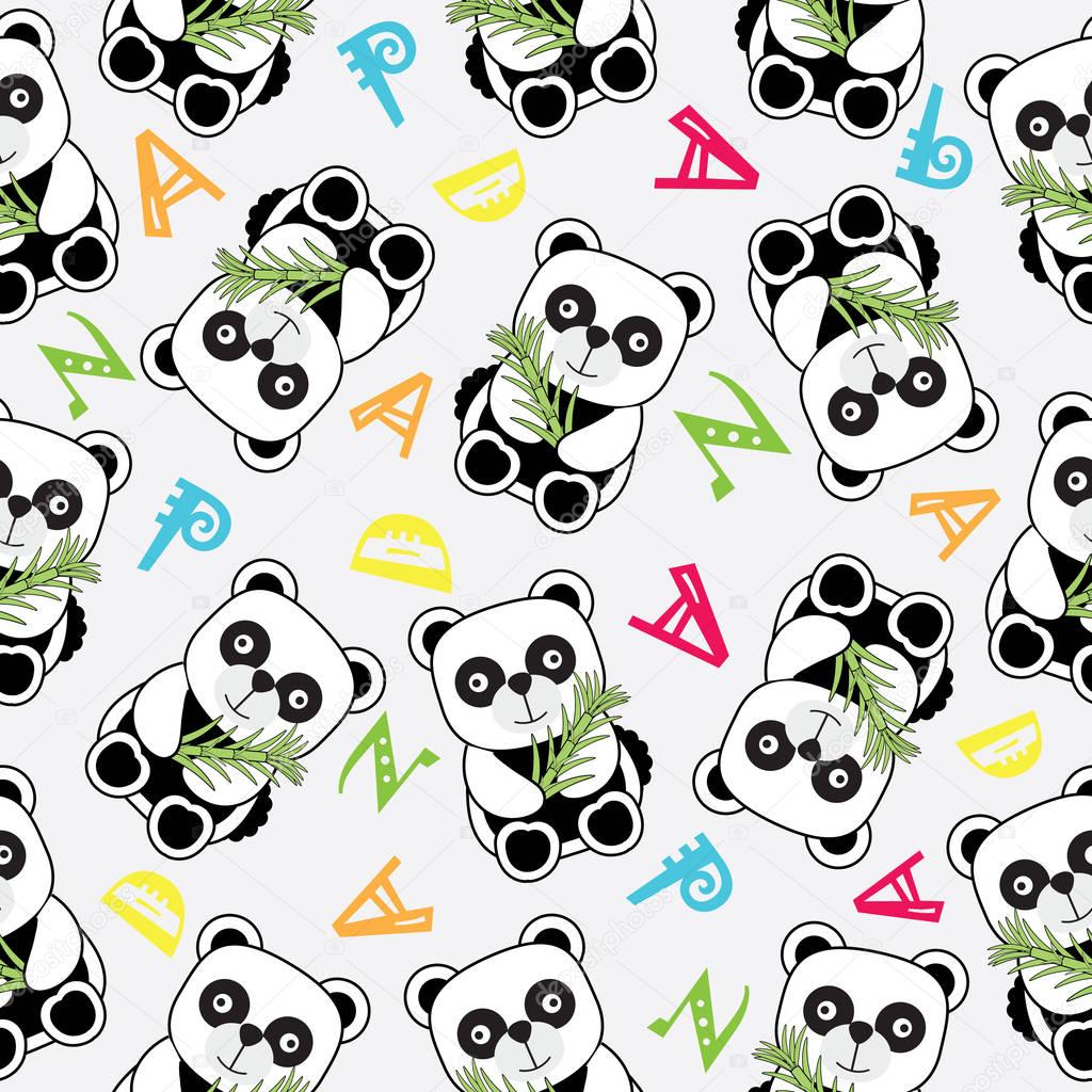 Seamless background of Birthday illustration with cute baby panda on alphabets background 