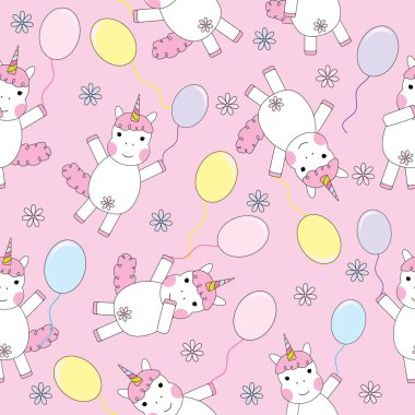 Pembe arka plan üzerinde renkli balonlar ile sevimli tek boynuzlu at kız ile Doğum günü illüstrasyon Dikişsiz arka plan