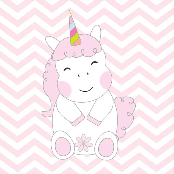 Baby shower illustration med söt Unicorn flicka på Chevron bakgrund — Stock vektor