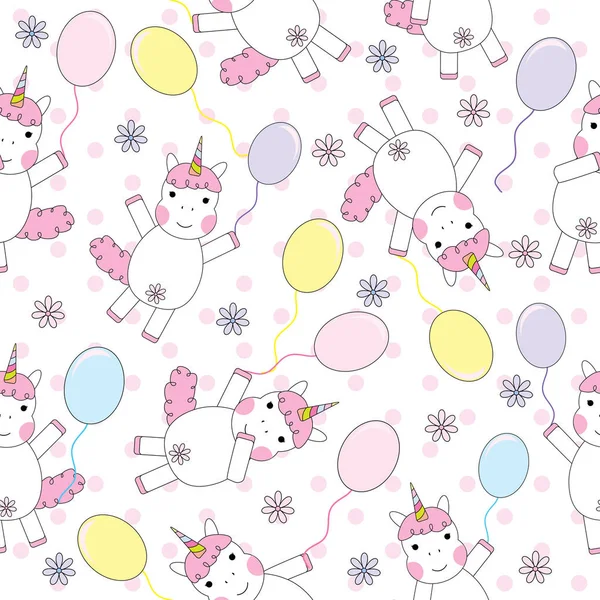 Nahtloser Hintergrund Geburtstag Illustration mit niedlichen Einhorn Mädchen mit bunten Luftballons auf gepunktetem Hintergrund — Stockvektor