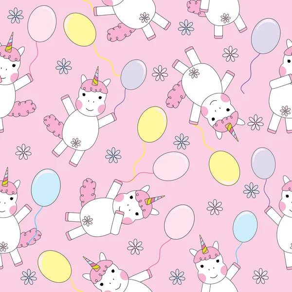 Pembe arka plan üzerinde renkli balonlar ile sevimli tek boynuzlu at kız ile Doğum günü illüstrasyon Dikişsiz arka plan