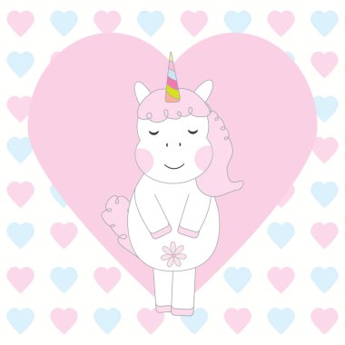 Aşk arka plan üzerinde sevimli pembe tek boynuzlu at ile Sevgililer Günü kartı