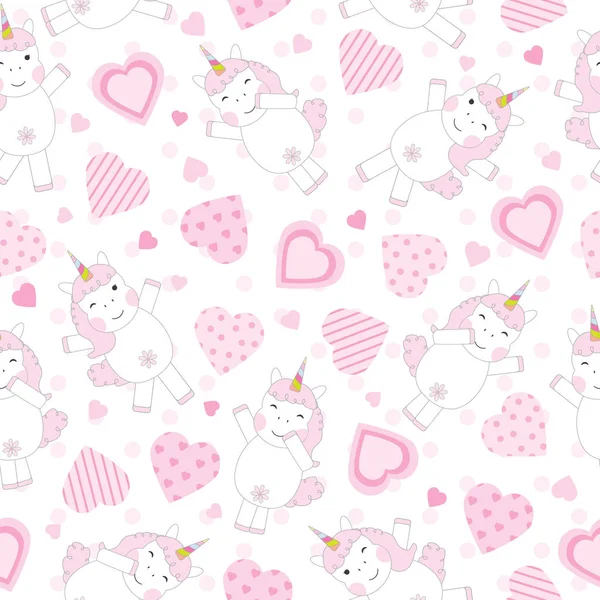 Dia dos Namorados sem costura fundo com unicórnio rosa bonito e corações rosa no fundo bolinhas ponto — Vetor de Stock
