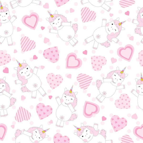 Valentine's Day seamless background with cute pink unicorn and pink hearts on polka dot background 