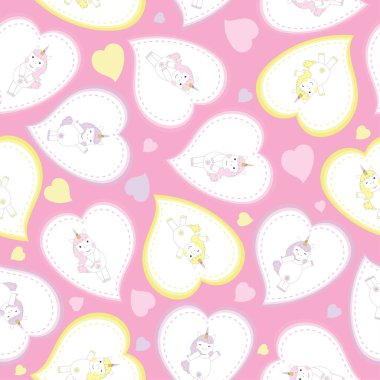 Sevgililer günü kesintisiz arka plan ile aşk çerçeve üzerinde pembe bir arka plan üzerinde şirin tek boynuzlu atlar 