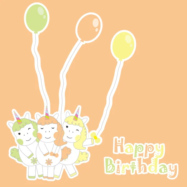 Carte de jour d'anniversaire avec de jolies licornes colorées apporter des ballons sur fond orange — Image vectorielle
