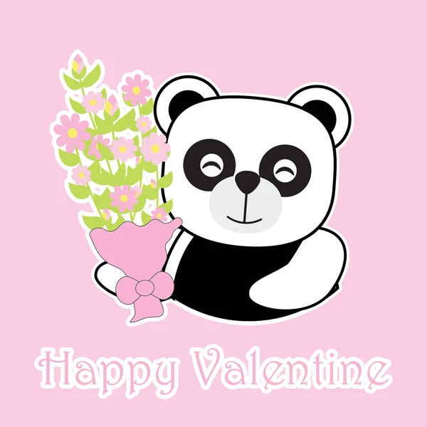 Valentin-nap aranyos panda kártyát hozza egy vödör virág — Stock Vector