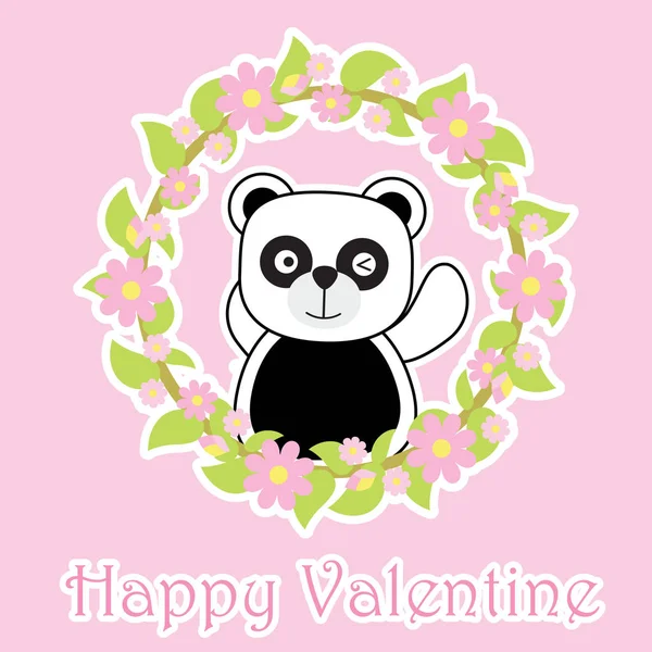 Valentine's Day card with cute panda on flower wreath — Stock Vector