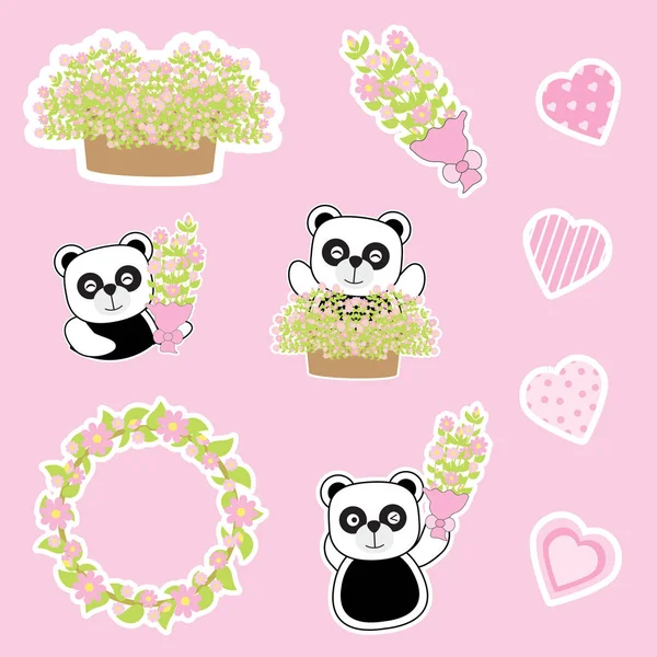 Set de pegatinas para el día de San Valentín con lindo panda, flores y forma de amor — Vector de stock