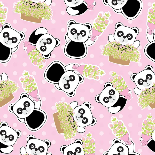 Alla hjärtans dag sömlös bakgrund med söta panda och blommor på polka dot bakgrund — Stock vektor