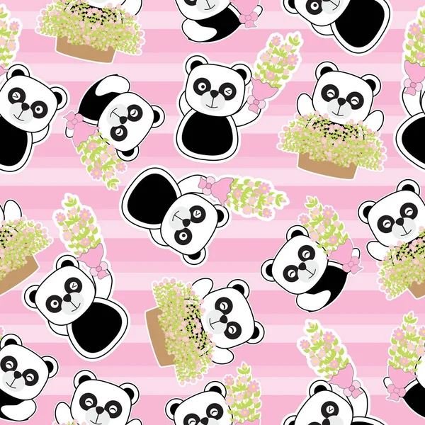 Día de San Valentín fondo sin costuras con lindo panda y flores sobre fondo de rayas — Vector de stock