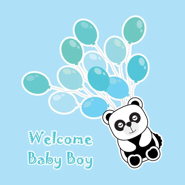 Tarjeta de ducha de bebé con bebé panda trae globos azules — Archivo Imágenes Vectoriales