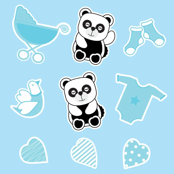 Baby shower sticker set  with baby panda, baby cart, and baby clothes — Stockvector