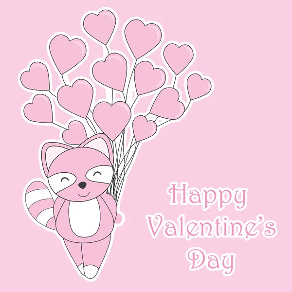 Valentijnskaart met schattige roze wasbeer brengen liefde ballonnen op roze achtergrond — Stockvector