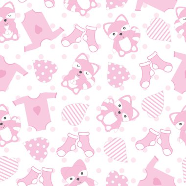 Bebek duş sorunsuz arka plan ile şirin rakun, bebek kıyafetleri ve seviyorum polka dot arka plan üzerinde şekil 