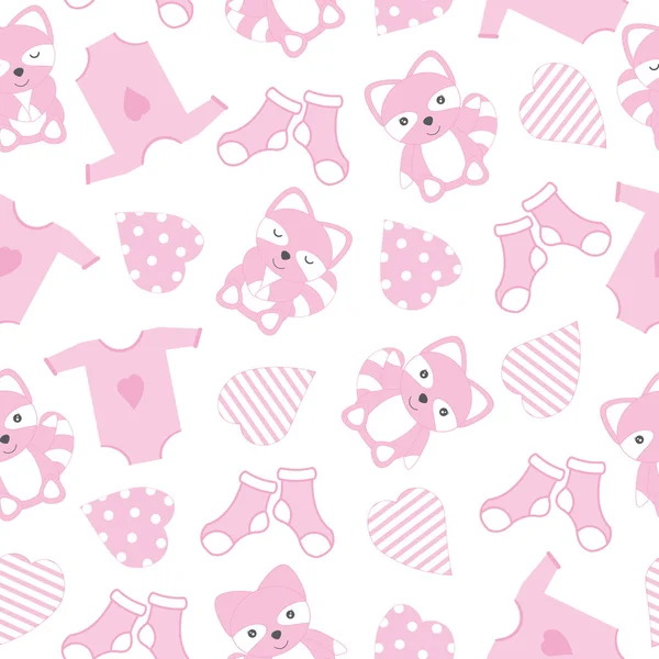 赤ちゃんのシャワーのシームレスな背景かわいいアライグマの赤ちゃんの服と形が大好き — ストックベクタ