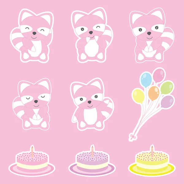 Наклейка на день рождения с милыми енотами, воздушными шарами и праздничным тортом — стоковый вектор