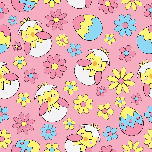 与可爱的小鸡、 鸡蛋和鲜花在粉红色的背景上复活节无缝背景 — 图库矢量图片