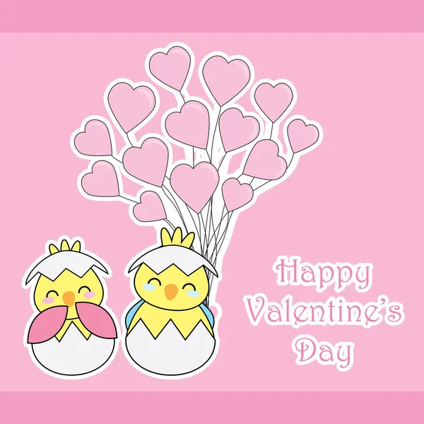 Valentine's day card with cute chicks bring love balloons on pink background