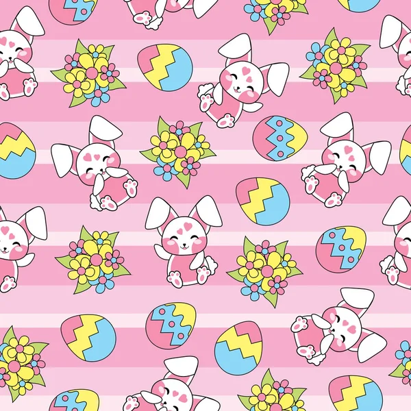 Pasen naadloze patroon met schattige bunny, bloemen en ei op strepen achtergrond — Stockvector