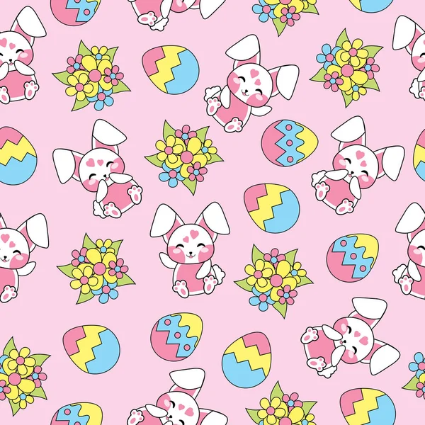 かわいいうさぎ、花とピンクの背景の卵イースター シームレス パターン — ストックベクタ