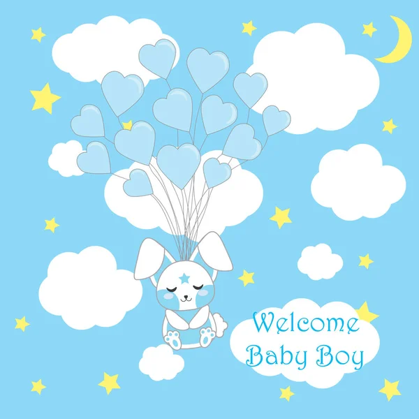 Baby shower card with cute boy rabbit with blue balloons