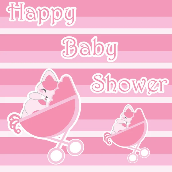 Baby shower card with cute cat in baby cart — Stockvector