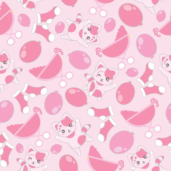 Babydusche nahtloses Muster mit niedlicher Katze, Babywagen und Socke auf rosa Hintergrund — Stockvektor