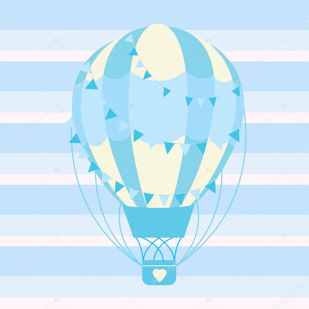 Baby shower card with cute blue hot air balloon on stripes background 