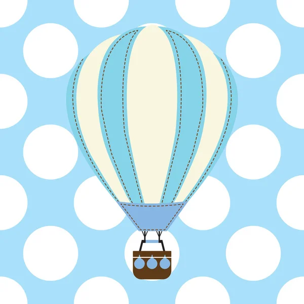 Tarjeta de ducha de bebé con lindo globo de aire caliente sobre fondo azul — Vector de stock