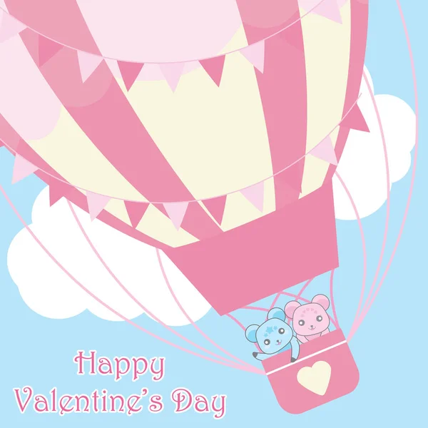 Valentin-napi üdvözlőkártya aranyos medve hőlégballon az égen — Stock Vector