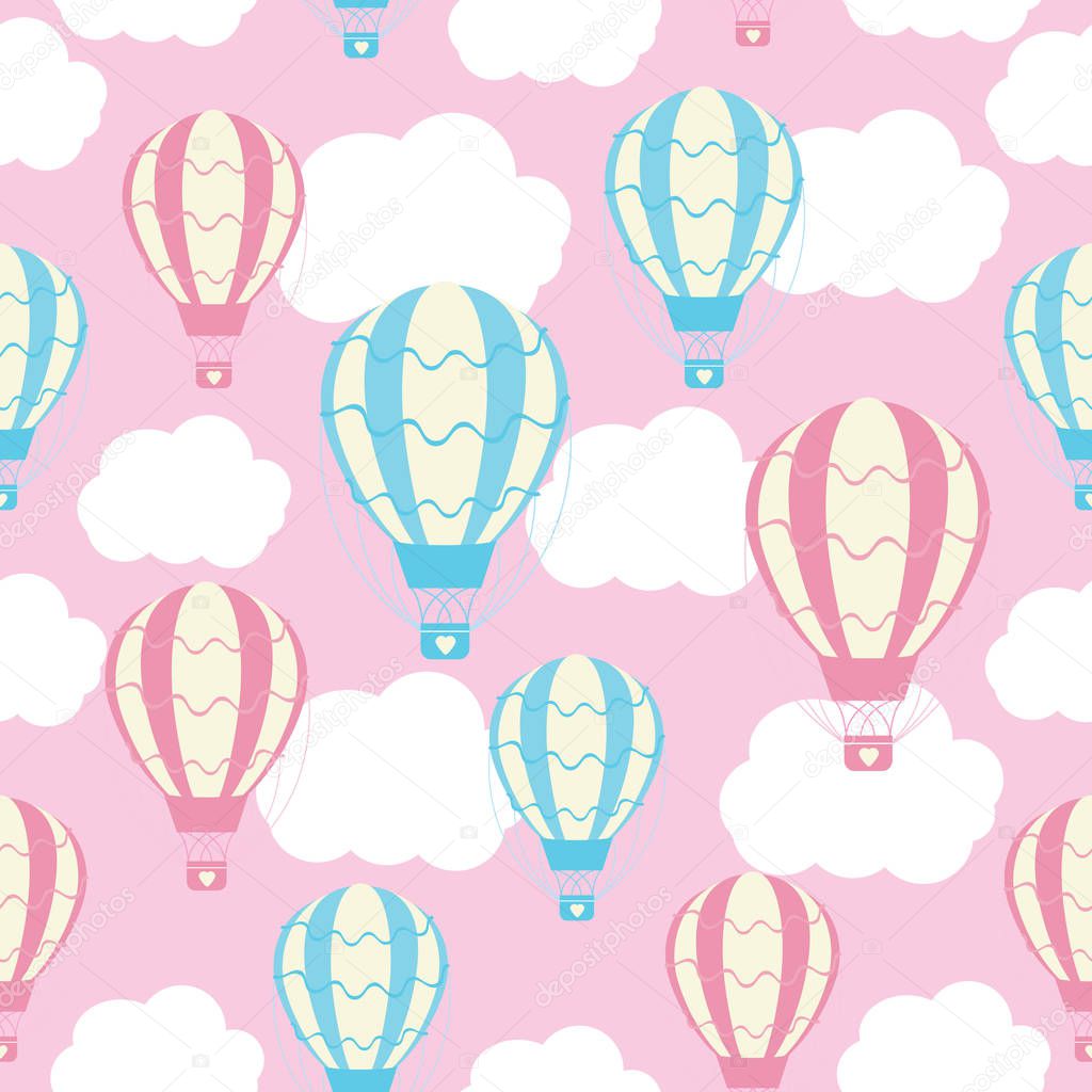 Baby shower seamless pattern with cute hot air balloons on pink sky