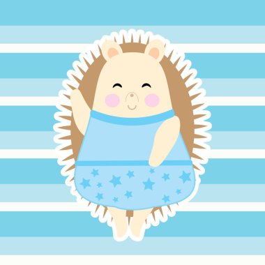 Bebek duş kartı ile mavi çizgili arka plan üzerinde sevimli kirpi 