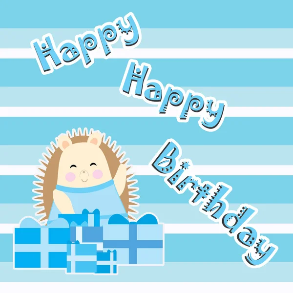 Birthday card with cute hedgehog on blue stripes background