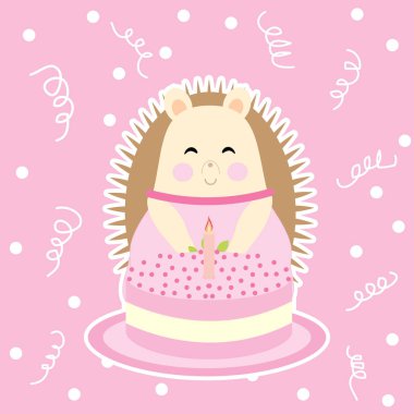 Doğum günü kartı ile pembe polka dot arka plan üzerinde sevimli kirpi 