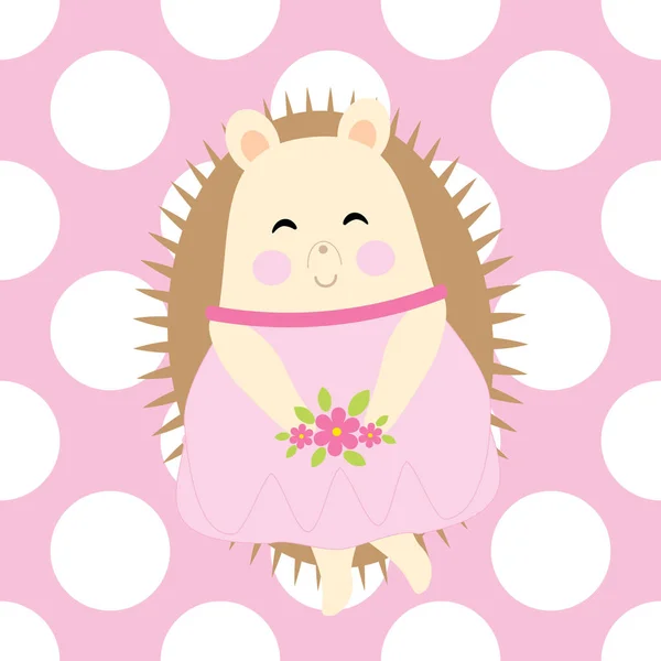 Baby shower card with cute hedgehog brings flowers on polka dot background — Stockvector