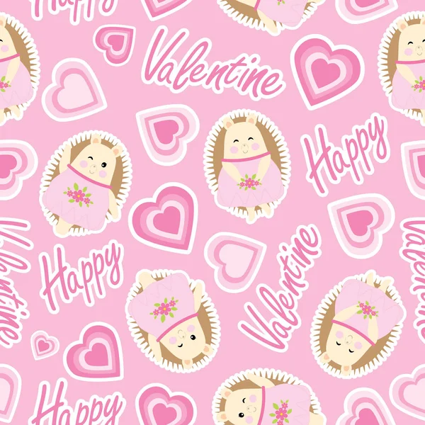 Patrón sin costuras de San Valentín con lindo erizo y forma de amor sobre fondo rosa — Vector de stock