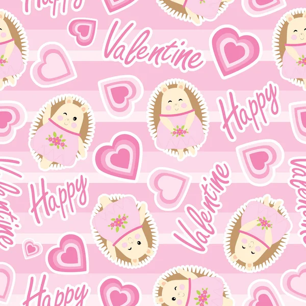 Patrón sin costuras de San Valentín con lindo erizo y forma de amor sobre fondo de rayas rosadas — Vector de stock