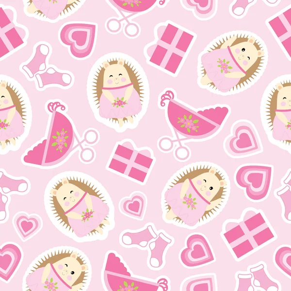 Baby shower seamless pattern with cute hedgehog, gifts, baby cart and socks on pink background — Stockvector